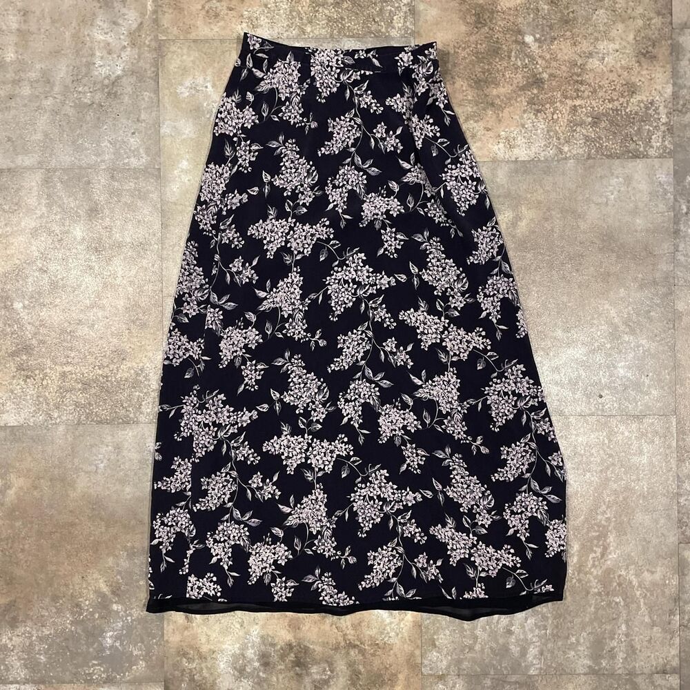 talbots 100% silk floral navy blue midi skirt size 4